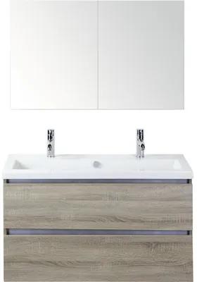 Kúpeľňový nábytkový set Vogue 100 cm s keramickým umývadlom 2 otvormi na kohúty a zrkadlovou skrinkou dub sivý