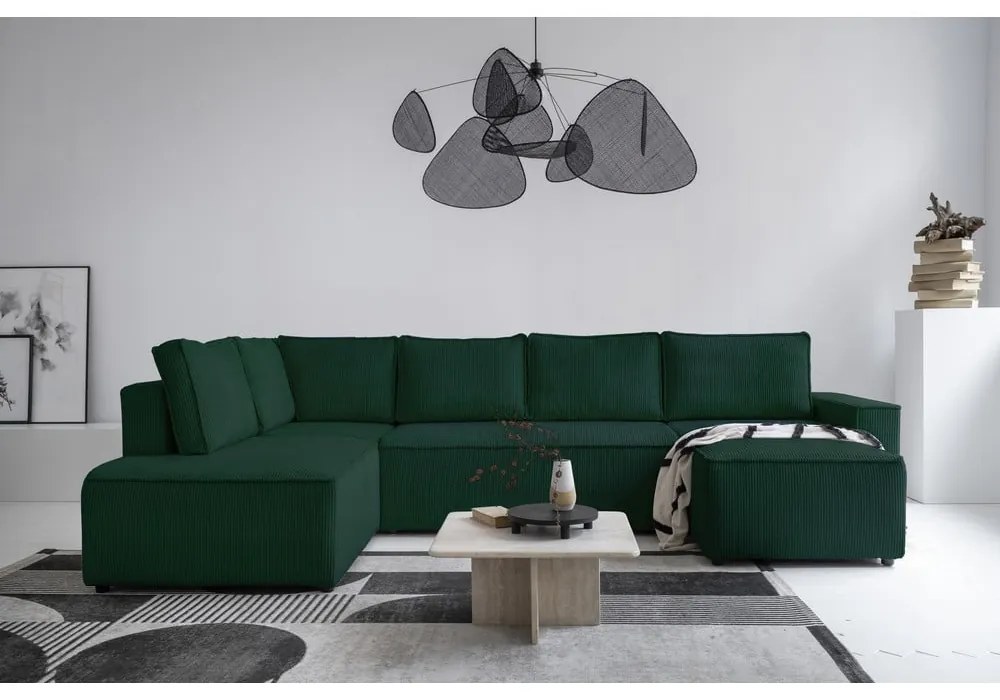 Tmavozelená menčestrová rozkladacia rohová pohovka (ľavý roh/do tvaru "U") Brave Dave – Miuform