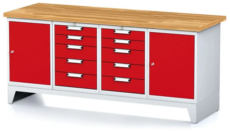 Dielenský stôl MECHANIC I, 2 skrinky a 2x 5 zásuvkový box na náradie, 10 zásuviek, 2000x685x880 mm, červené dvere