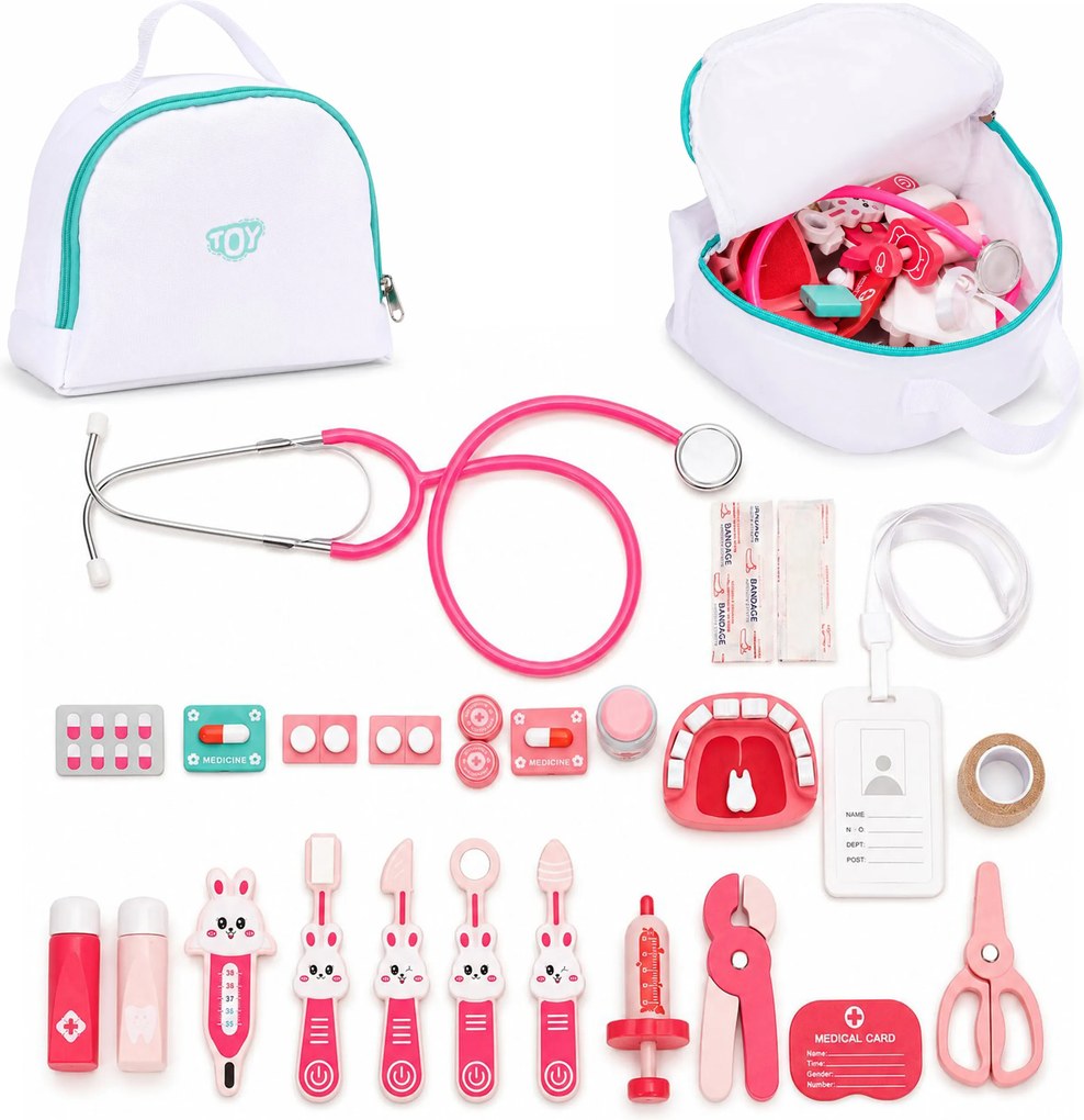 Drevený lekársky set ECOTOYS – lekárska taška, 26 dielov, hračka pre deti 3+