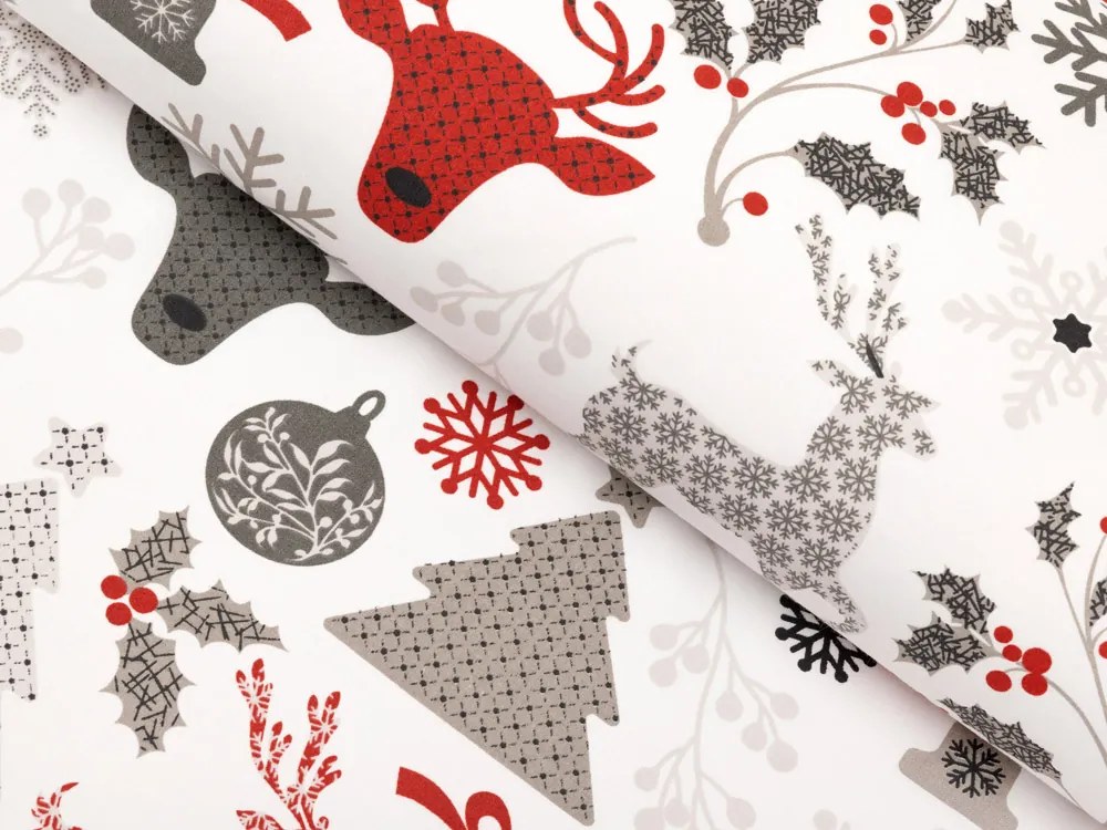 Biante Bavlnený behúň na stôl Sandra SA-541 Sivo-červené vianočné motívy na bielom 20x140 cm