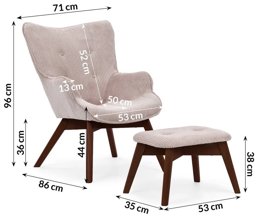 Svetloružové menčestrové kreslo s podnožkou Niko – Ropez