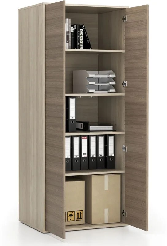 PLAN Kancelárska policová skriňa s dverami LAYERS, 800 x 600 x 1905 mm, dub prírodný / dub morený