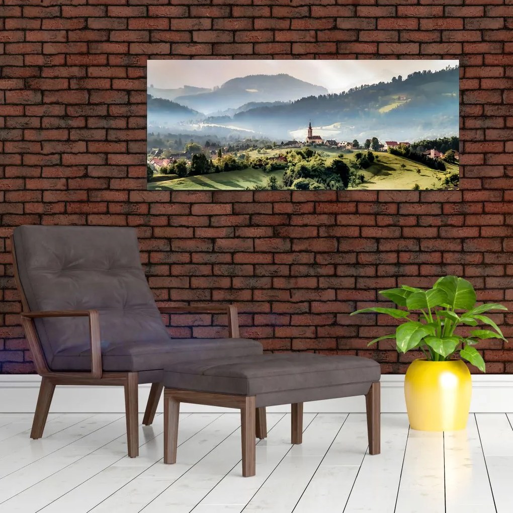 Obraz - dedinka v hmle (120x50 cm)