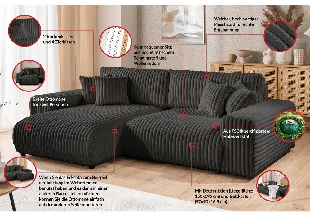 Tmavosivá menčestrová rozkladacia/s úložným priestorom rohová pohovka (ľavý roh) Sarina – Ropez