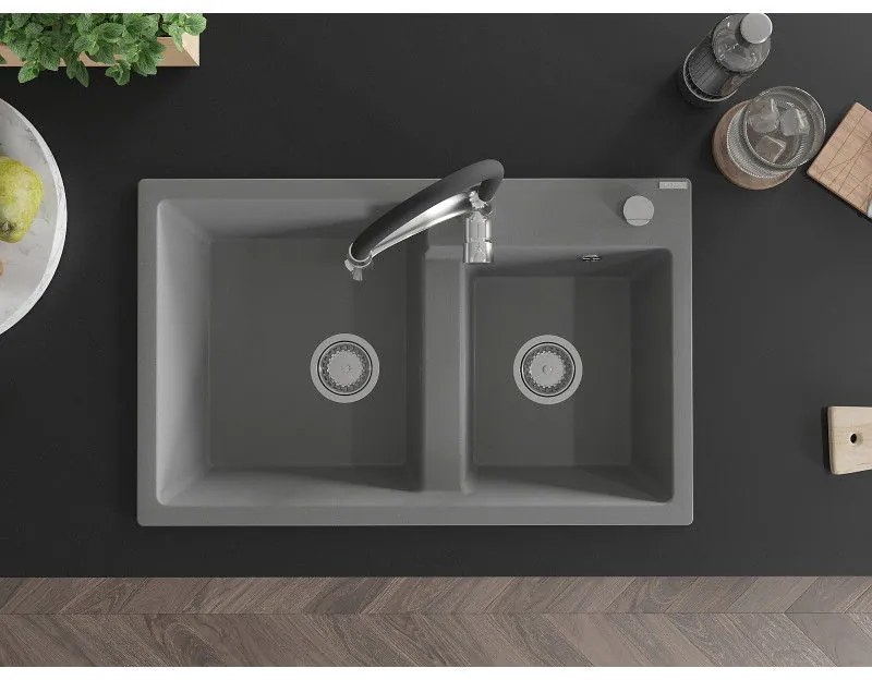 Mexen Tomas, 2-komorový granitový drez 800x500x190 mm a drezová batéria Aster, šedá, 6516-71-73450-07