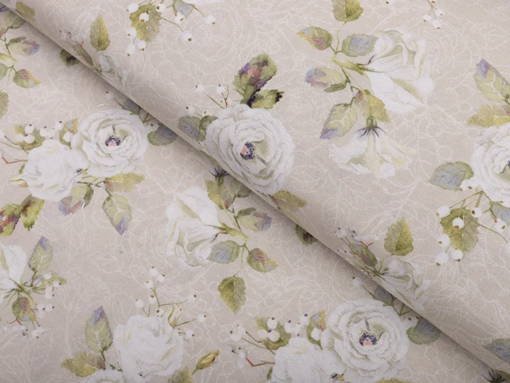Biante Dekoračný záves PML-059 Biele ruže s perokresbou na béžovom 145x250 cm