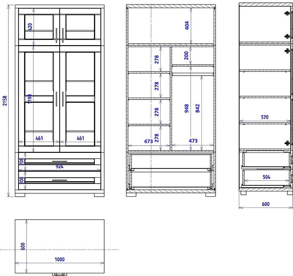 Veľká šatníková skriňa s 2 zásuvkami a nadstavcom, 100x60x216 cm Police vľavo