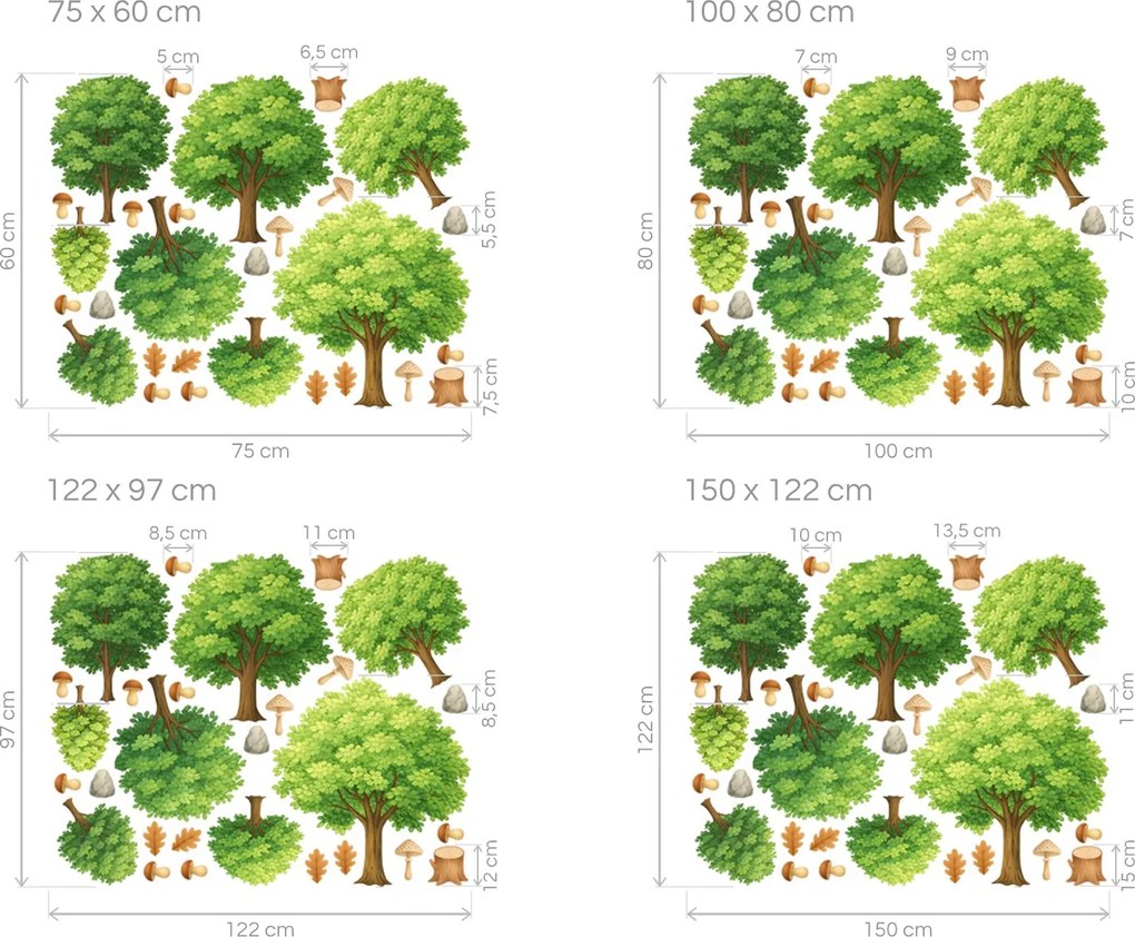 Sada listnatých stromov textilné znovu prilepiteľné nálepky na stenu arch 75 x 60 cm