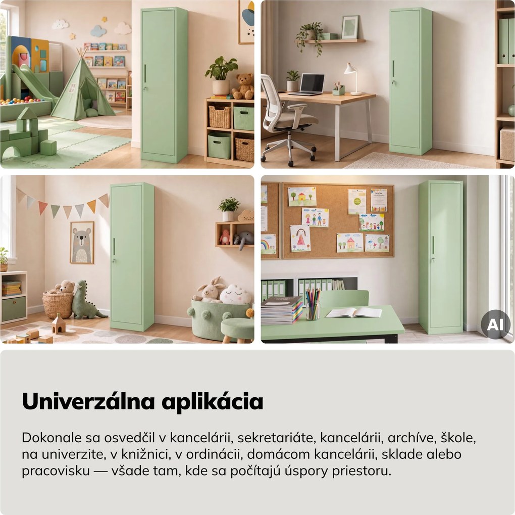 Kovová kancelárska skriňa na dokumenty, vysoká, pastelovo zelená, 450x1850x400 mm: ALEX Fresh Style