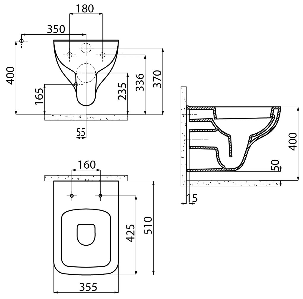 Aqualine Aqualine, BENE závesná WC misa, 35,5x51 cm, biela, BN320
