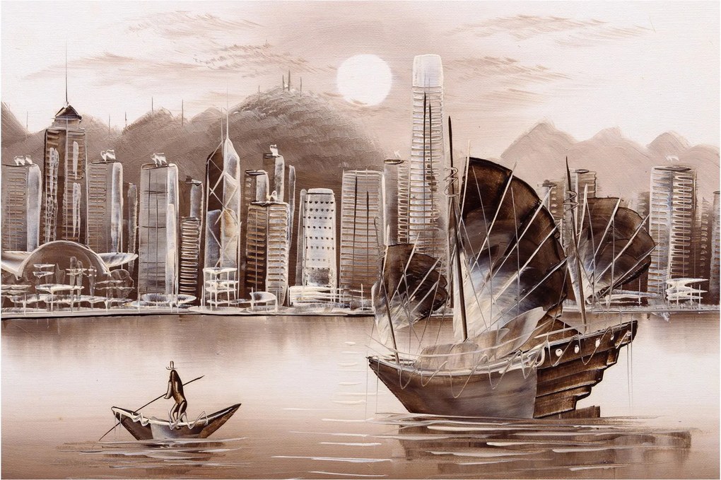 Obrázok - Victoria Harbor, Hong Kong, sépiový efekt (90x60 cm)