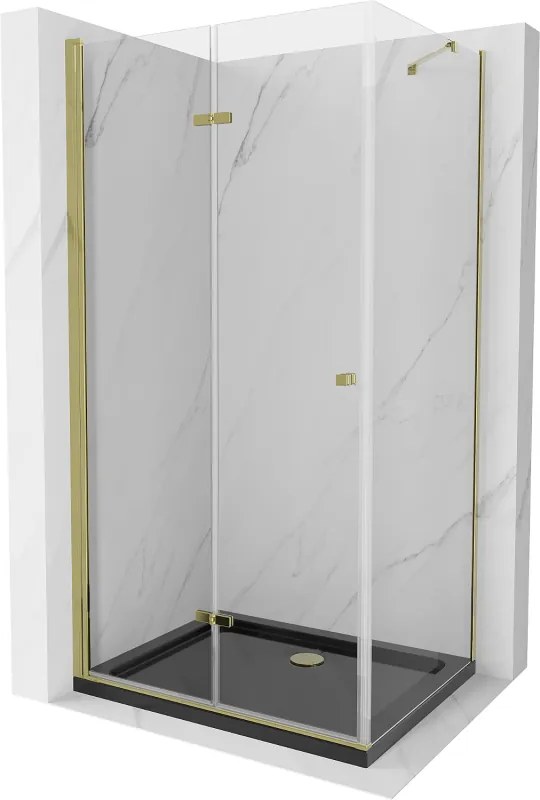 Mexen Lima, sprchový kút so skladacími dverami 90 (dvere) x 100 (stena) cm, 6mm číre sklo, chrómový profil + slim sprchová vanička čierna + zlatý sifón, 856-090-100-50-00-4070G