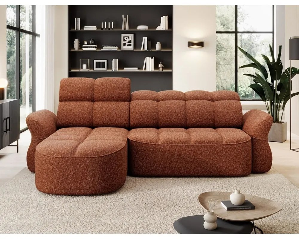 Terakotová zamatová rozkladacia/s úložným priestorom rohová pohovka (ľavý roh/s leňoškou) Beneth – ELTAP