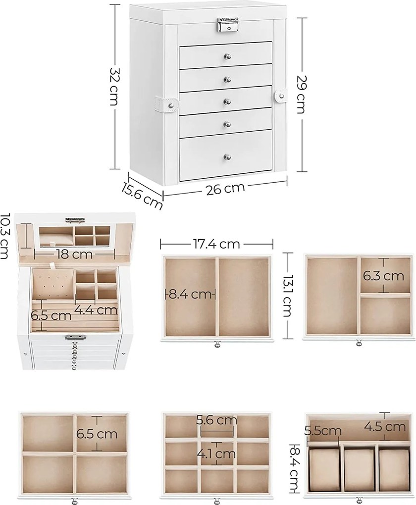 Šperkovnica 6-poschodová so zásuvkami, zrkadlom, uzamykateľná, biela krémová