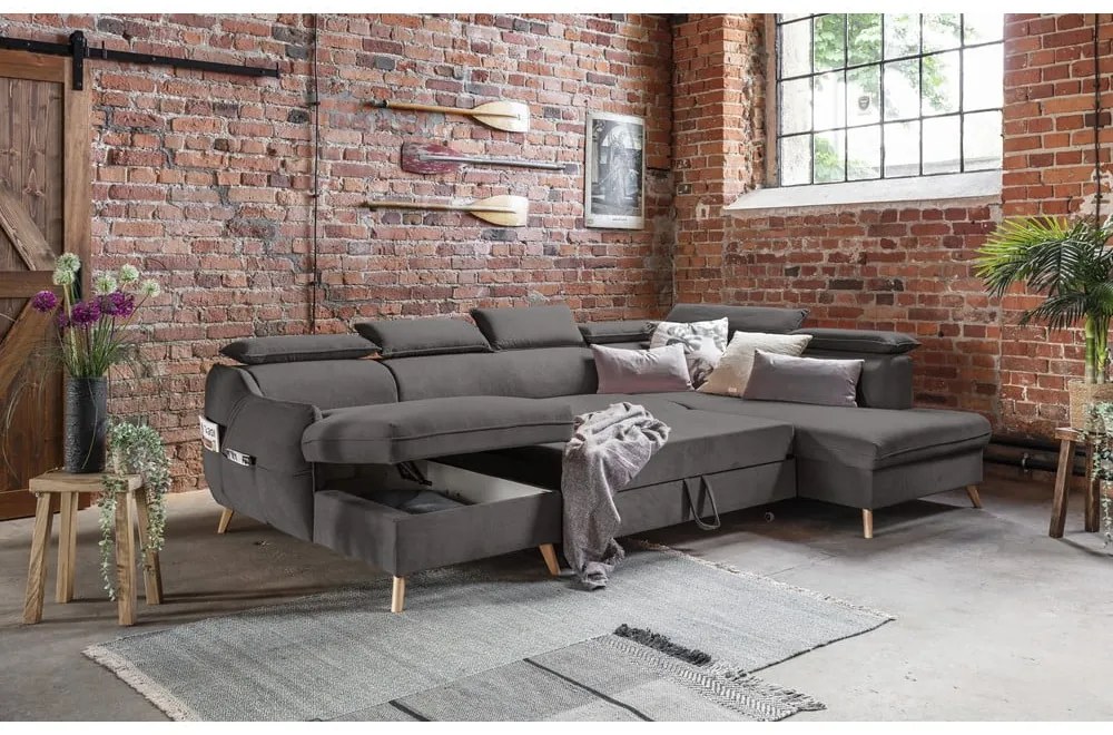 Tmavosivá zamatová rozkladacia rohová pohovka do "U" (pravý roh) Sweet Harmony – Miuform