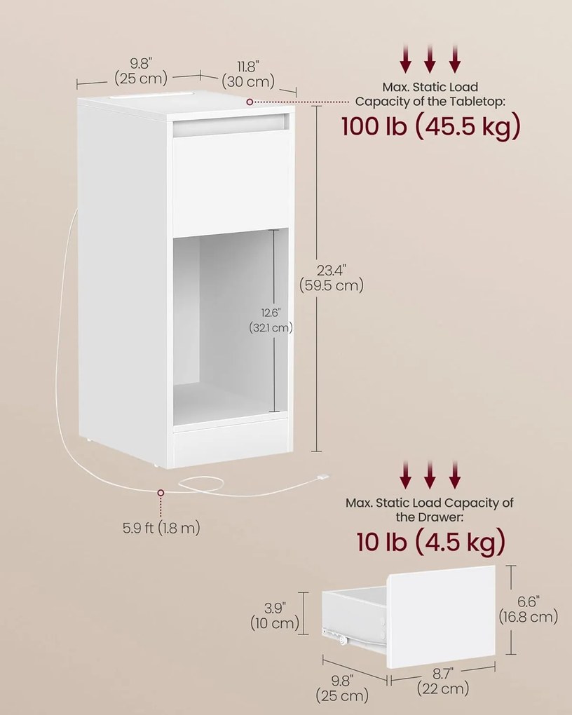 Úzky nočný stolík s nabíjacou stanicou a LED svetlom, s USB portami, biely