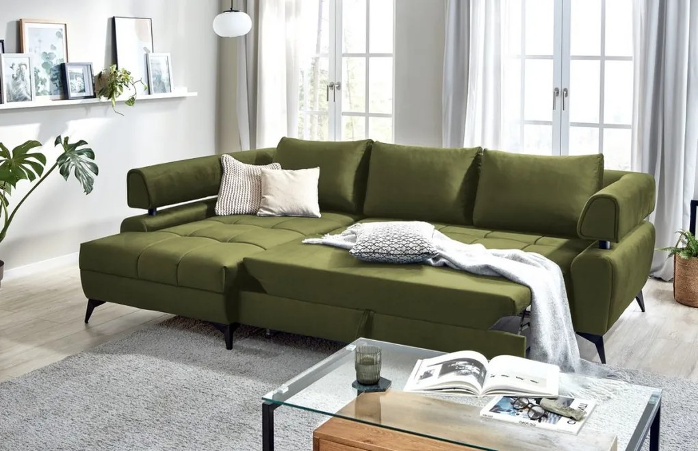 Rohová sedacia súprava Paris, machová zelená látka, ľavý roh