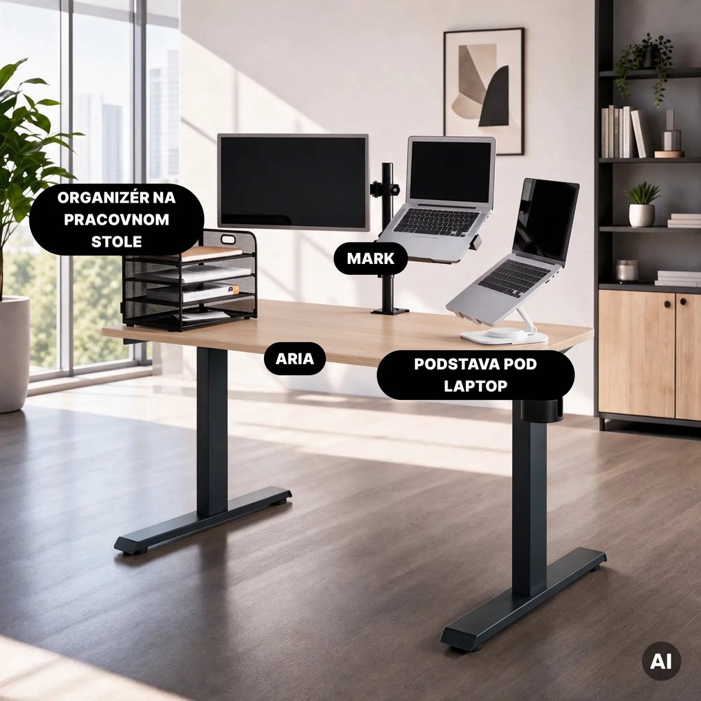 Elektrický stôl s reguláciou výšky ergonomický antracitový/dub sonoma,1400x700 mm: ARIA