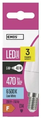EMOS LED žiarovka Candle, E14, 6W, studená biela