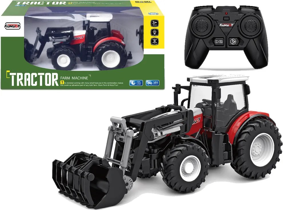 LEAN Toys Traktor červený, diaľkovo ovládaný, 2,4 GHz, pohyblivá lopata, mierka 1:24