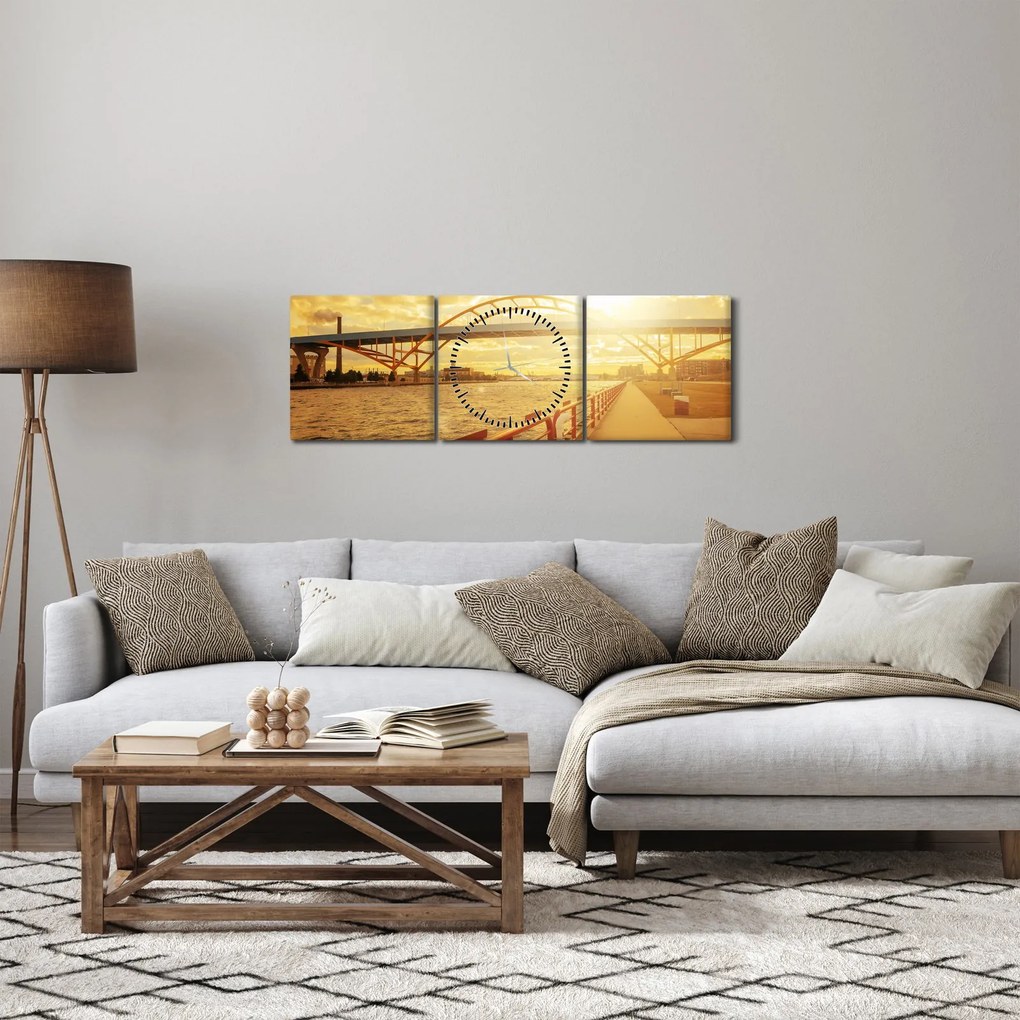 Obraz mosta pri západe slnka (s hodinami) (90x30 cm)