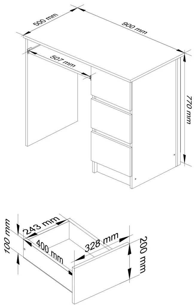 Trojzásuvkový počítačový stôl DYENS pravý 90 cm tmavohnedý/biely dub