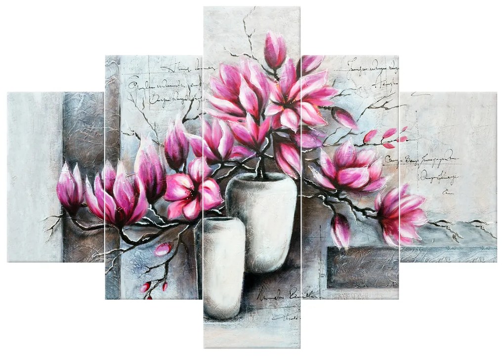 Gario Ručne maľovaný obraz Ružové magnólie vo váze - 5 dielny Rozmery: 100 x 70 cm