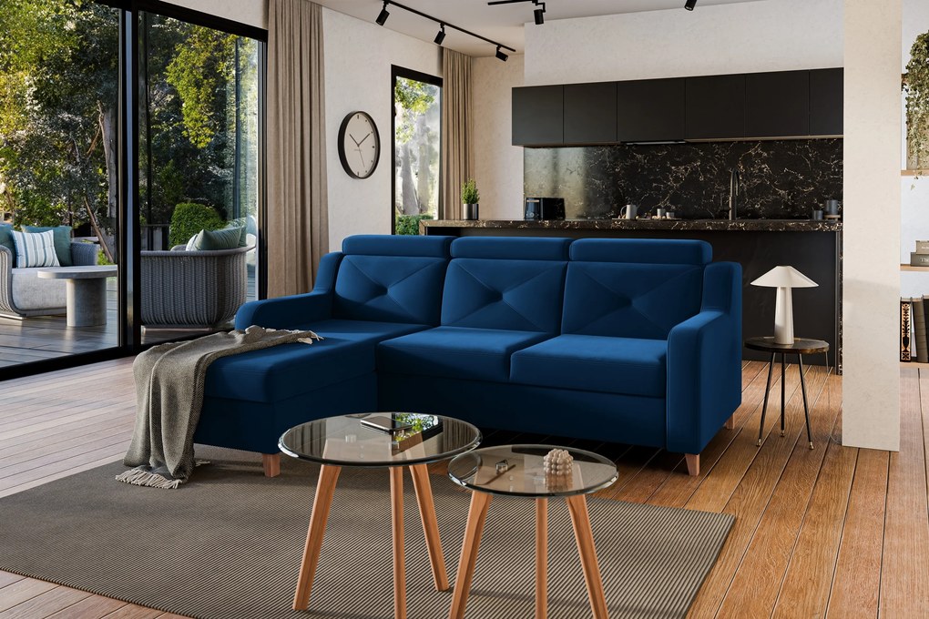 Rohová sedačka Laksaro s rozkladom ľavostranná - modrý zamat Trinity 31