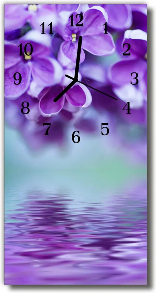 Sklenené hodiny vertikálne  Fialové lila kvety