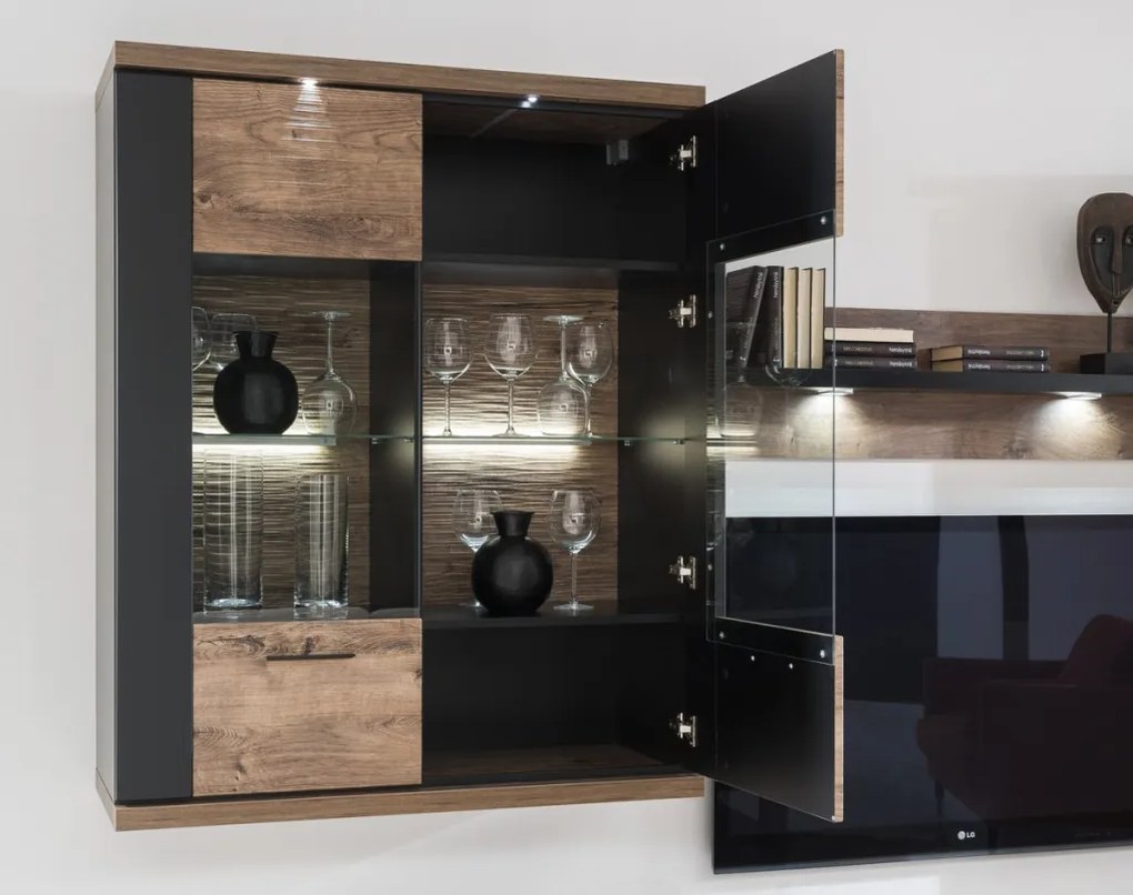 Široká nástenná vitrína Boston, čierna/dub ribbeck, s osvetlením