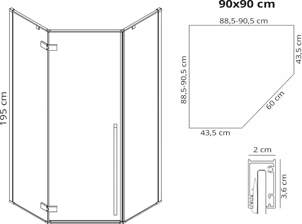 Päťuholníkový sprchovací kút REA DIAMOND 90x90 cm, čierny matný/transparent + vanička Diamond čierna