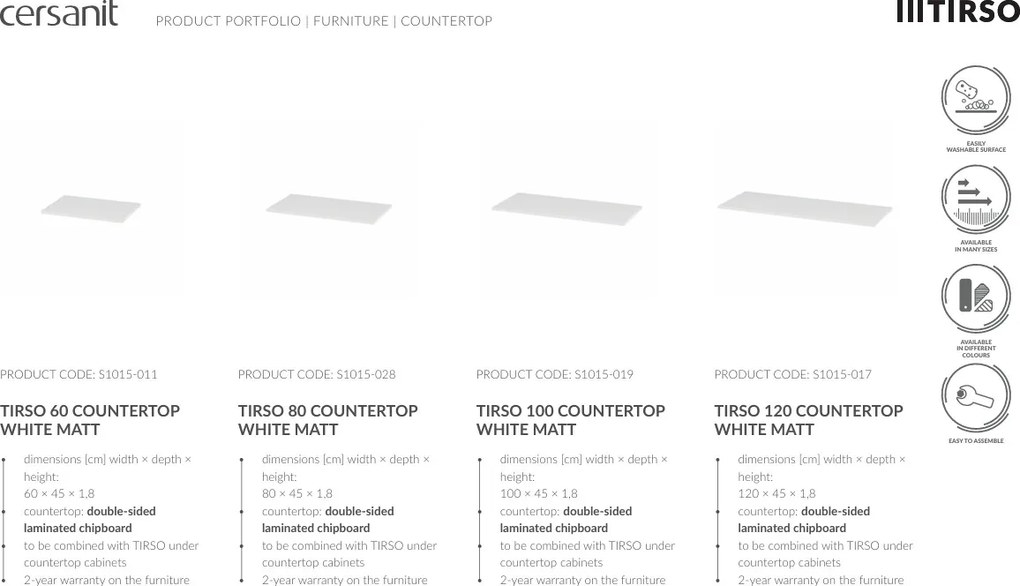 Cersanit Tirso, doska na kúpeľňovú skrinku 800x450x18 mm, biela matná, S1015-028