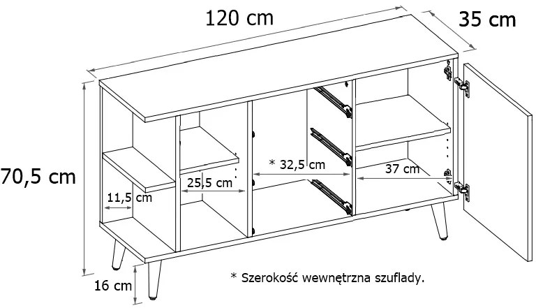 Komoda PULIS Zlatý remeselný dub - dub nožičky, orientácia ľavá