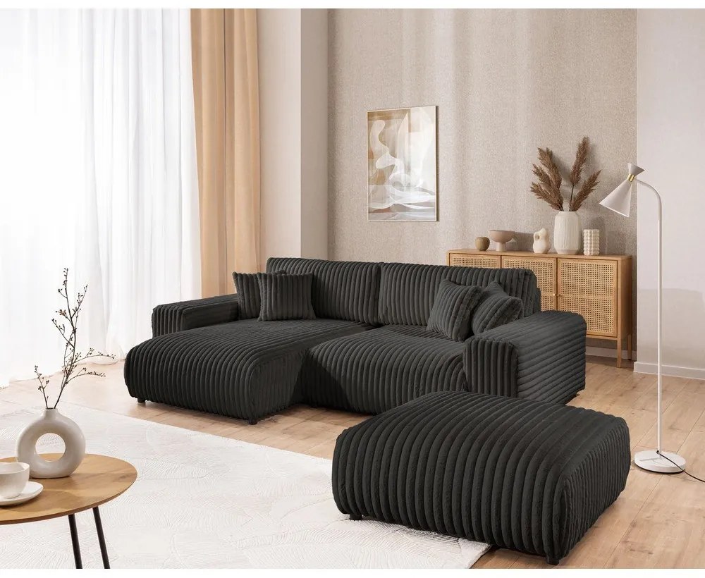 Tmavosivá menčestrová rozkladacia/s úložným priestorom rohová pohovka (ľavý roh) Sarina – Ropez