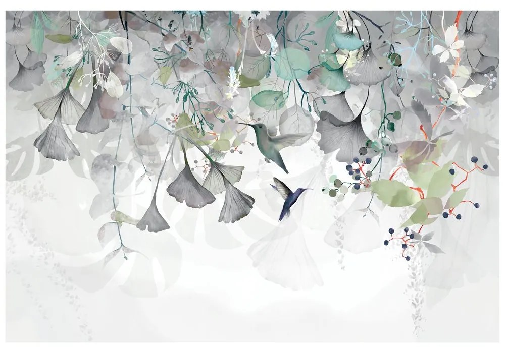 Samolepiaca tapeta listy s kolibríkmi v šedo-zelenom