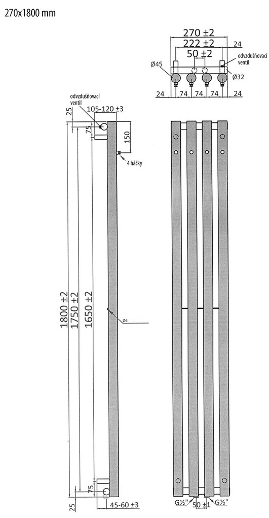 Sapho, PILON vykurovacie teleso 270x1800 mm, so 4 háčikmi, čierna matná, IZ122