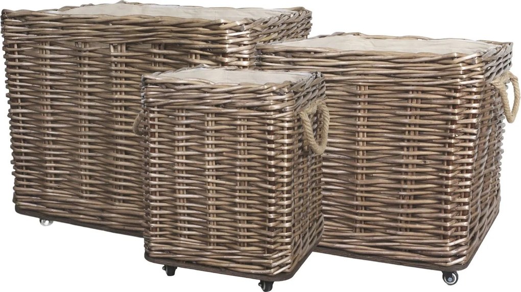 Sada 3ks hnedých košov French Basket Nature s kolieskami – 70*70*60/ 55*55*51/ 40*40*45 cm