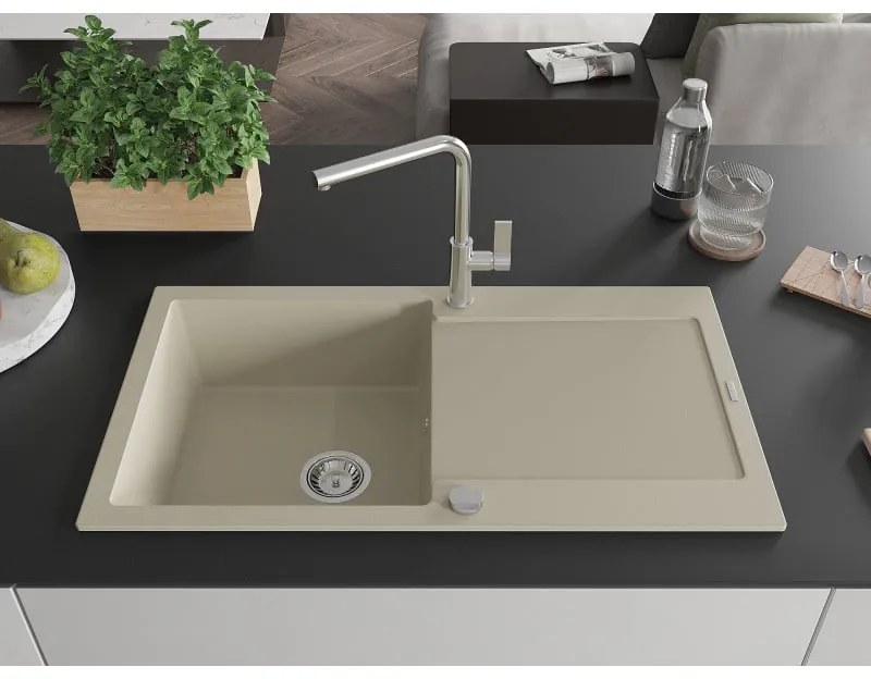 Mexen Leo, 1-komorový granitový drez 900x500x190 mm a drezová batéria Flora, béžová, 6501-69-670401-00