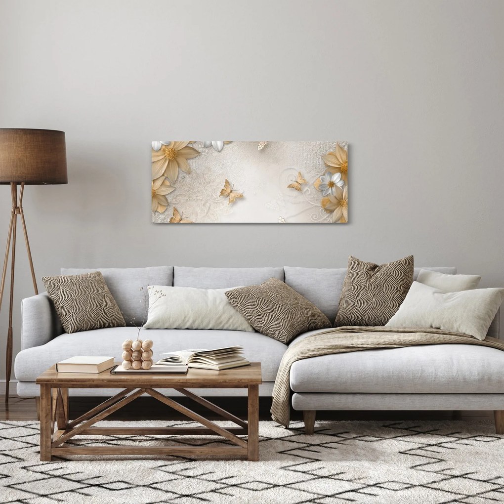 Obraz - Kvety s motýlikmi (120x50 cm)