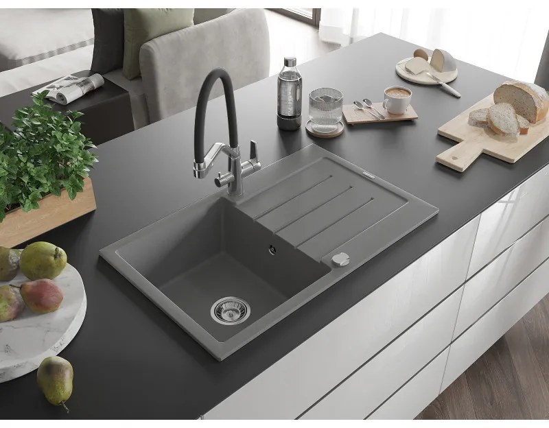 Mexen Bruno, 1-komorový granitový drez 795x495x200 mm a drezová batéria Duo, šedá, 6513-71-671701-07