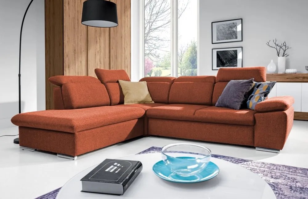 Rohová sedačka Aldon, tehlová štruktúrovaná látka, ľavý roh