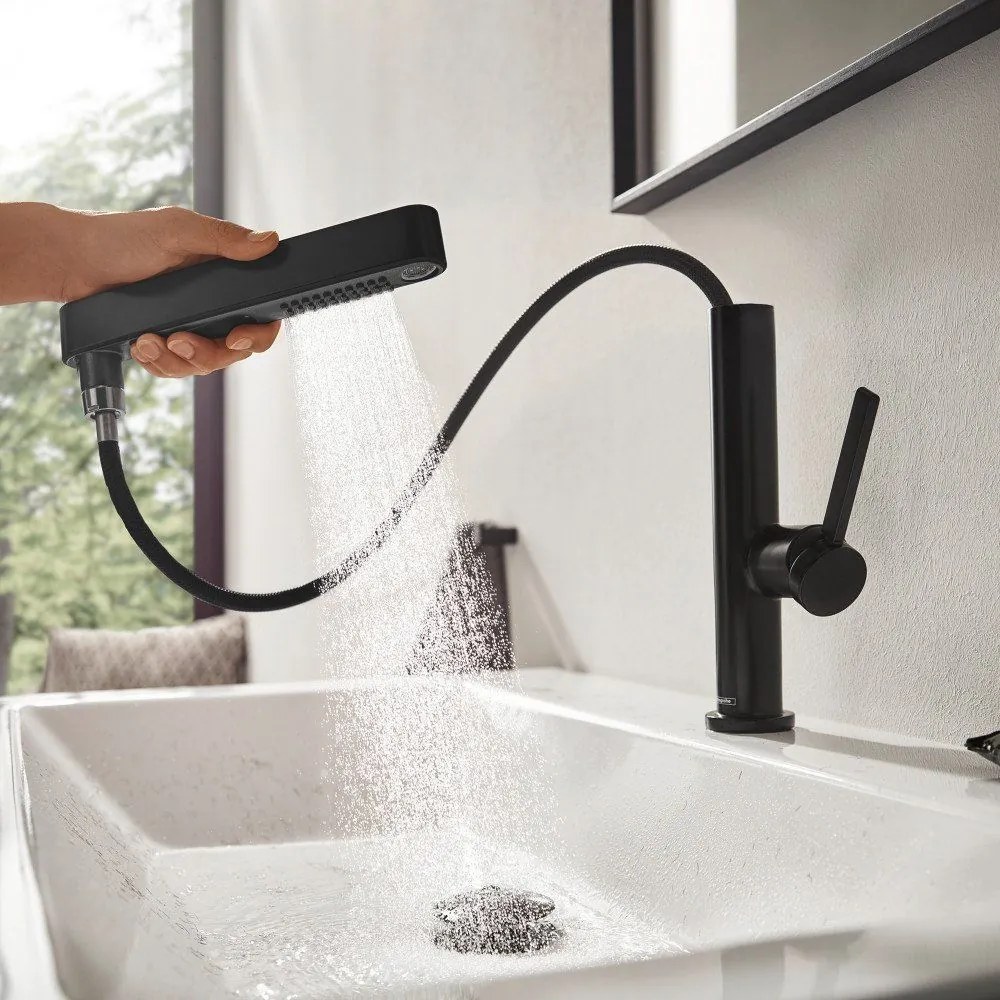 HANSGROHE Finoris páková umývadlová batéria s vyťažiteľnou sprškou s prepínaním, 2jet, s odtokovou súpravou Push-Open, výška výtoku 229 mm, matná čierna, 76063670