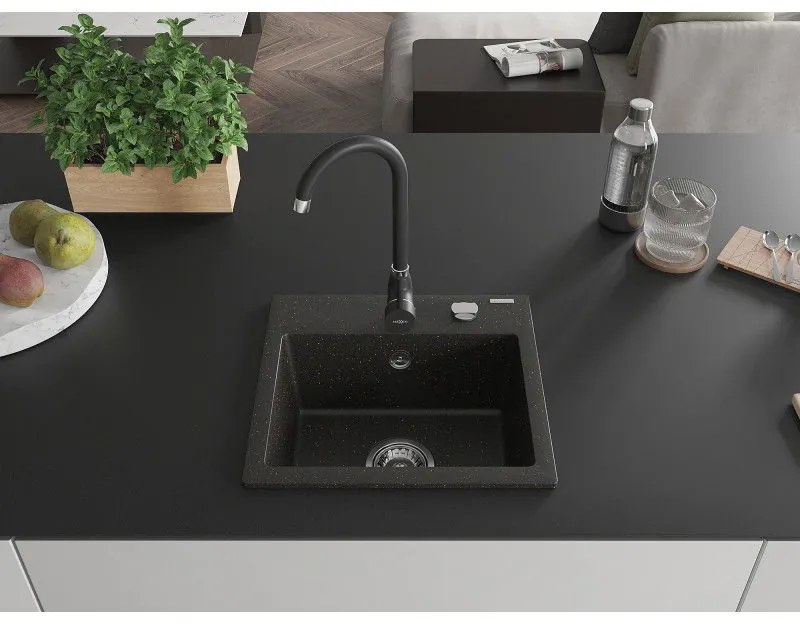 Mexen Milo, 1-komorový granitový drez 43,5x41 cm a kuchynská batéria Telma, čierna-zlatá, 6505-75-670200-70
