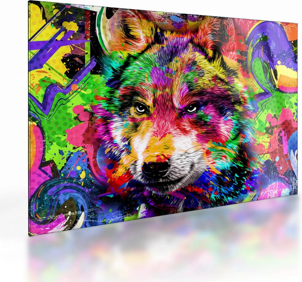 Sklenený obraz - Vlk s graffiti (70x50 cm)