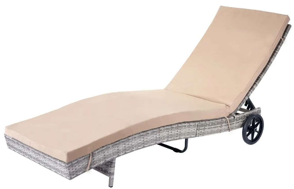 Lehátko HWC-D80, polyratan - sivá, béžový vankúš