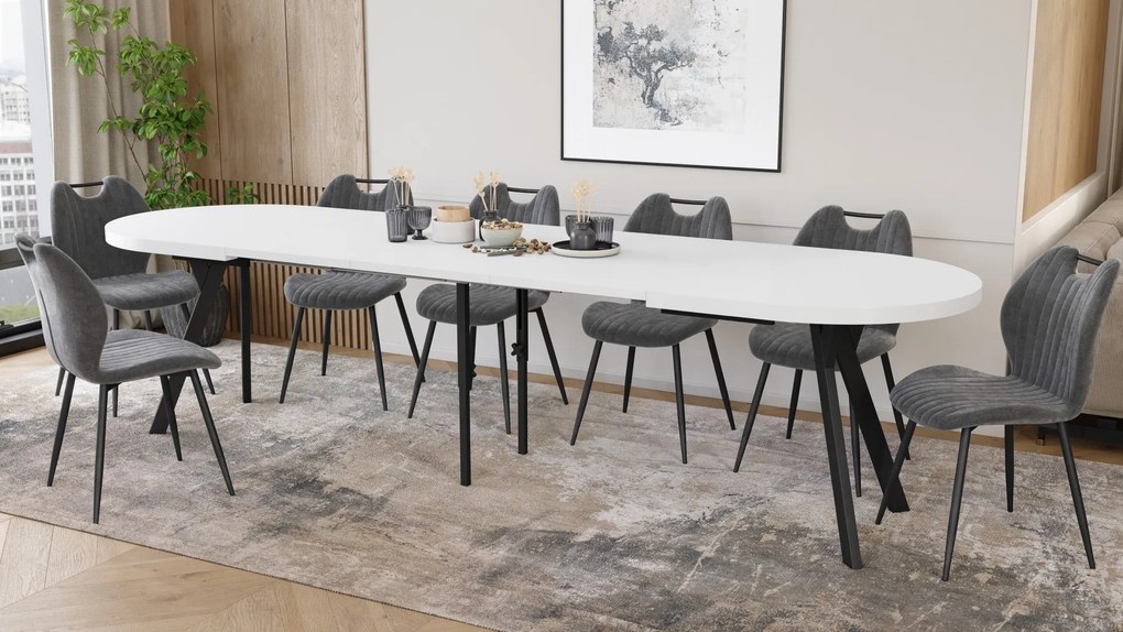 Mazzoni EXPANSO Biely mat / čierne nohy - OVÁLNY ROZKLADACÍ STÔL 160-360 cm PRE 16-18 OSÔB