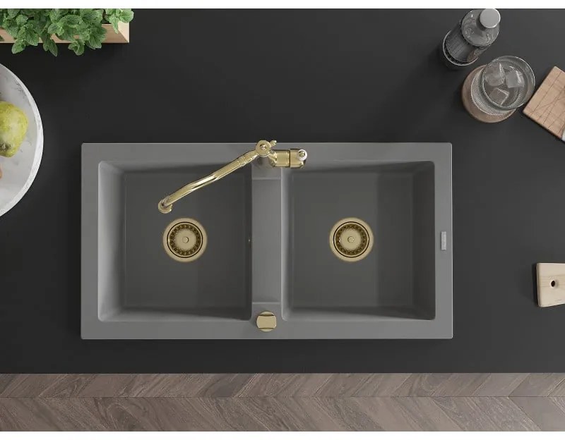 Mexen Mario, granitový drez 820x436x161 mm, 2-komorový a drezová batéria Carla, šedá, 6504-71-670700-50