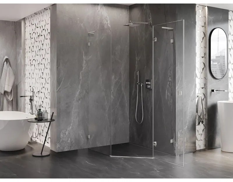 Mexen Lunar, L pravý výklopný päťuholníkový sprchový kút 90x100 cm, 8mm číre sklo, oceľový profil, 831L-090P-100L-97-00-P