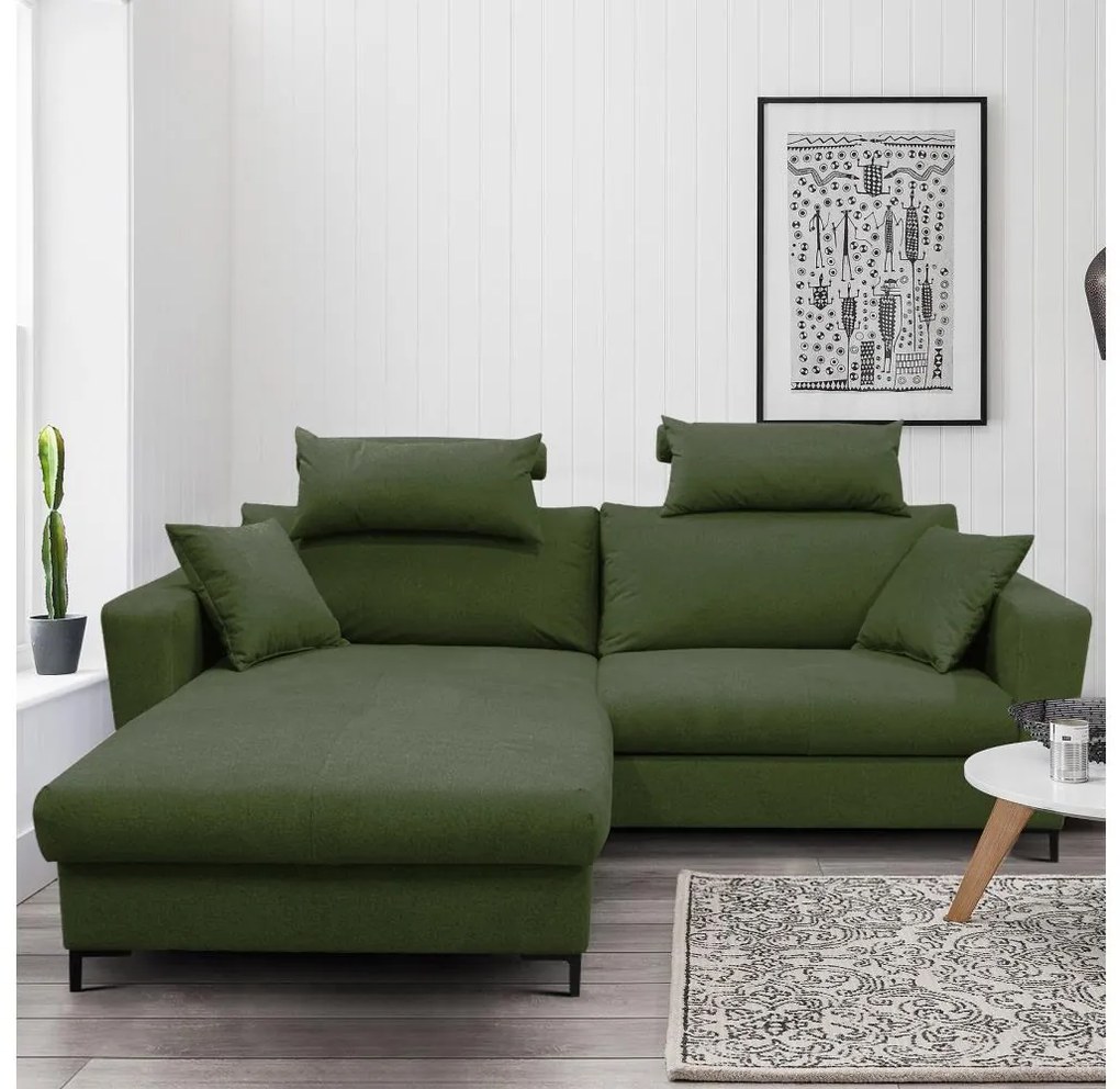 Rozkladacia rohová sedacia súprava s úložným priestorom do tvaru L HORTA ľavá zelená